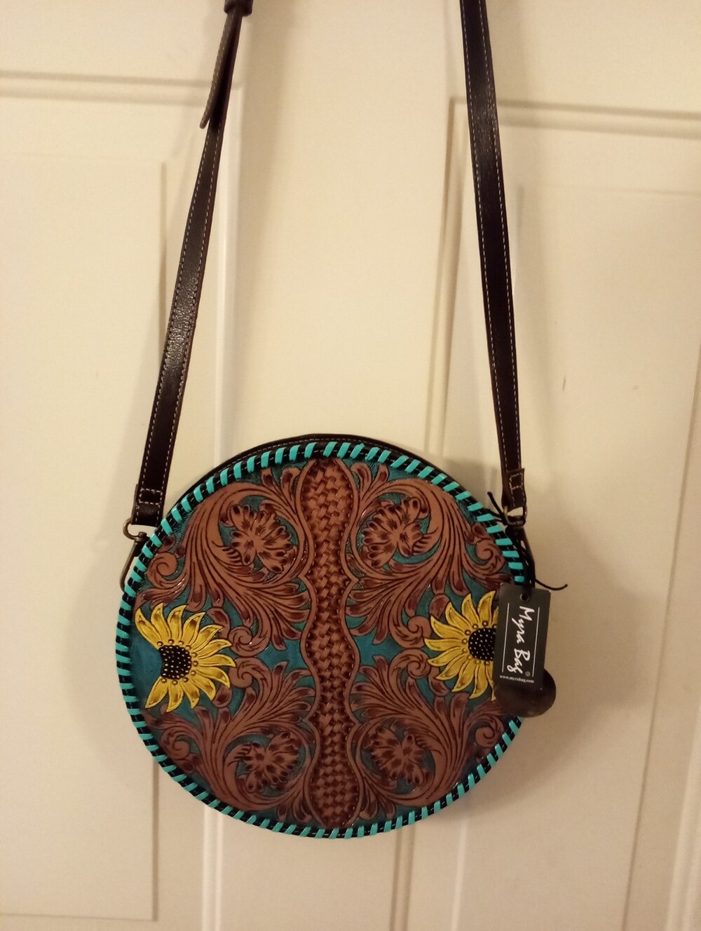 Myra Bag Co Tooled Leather Round Purse